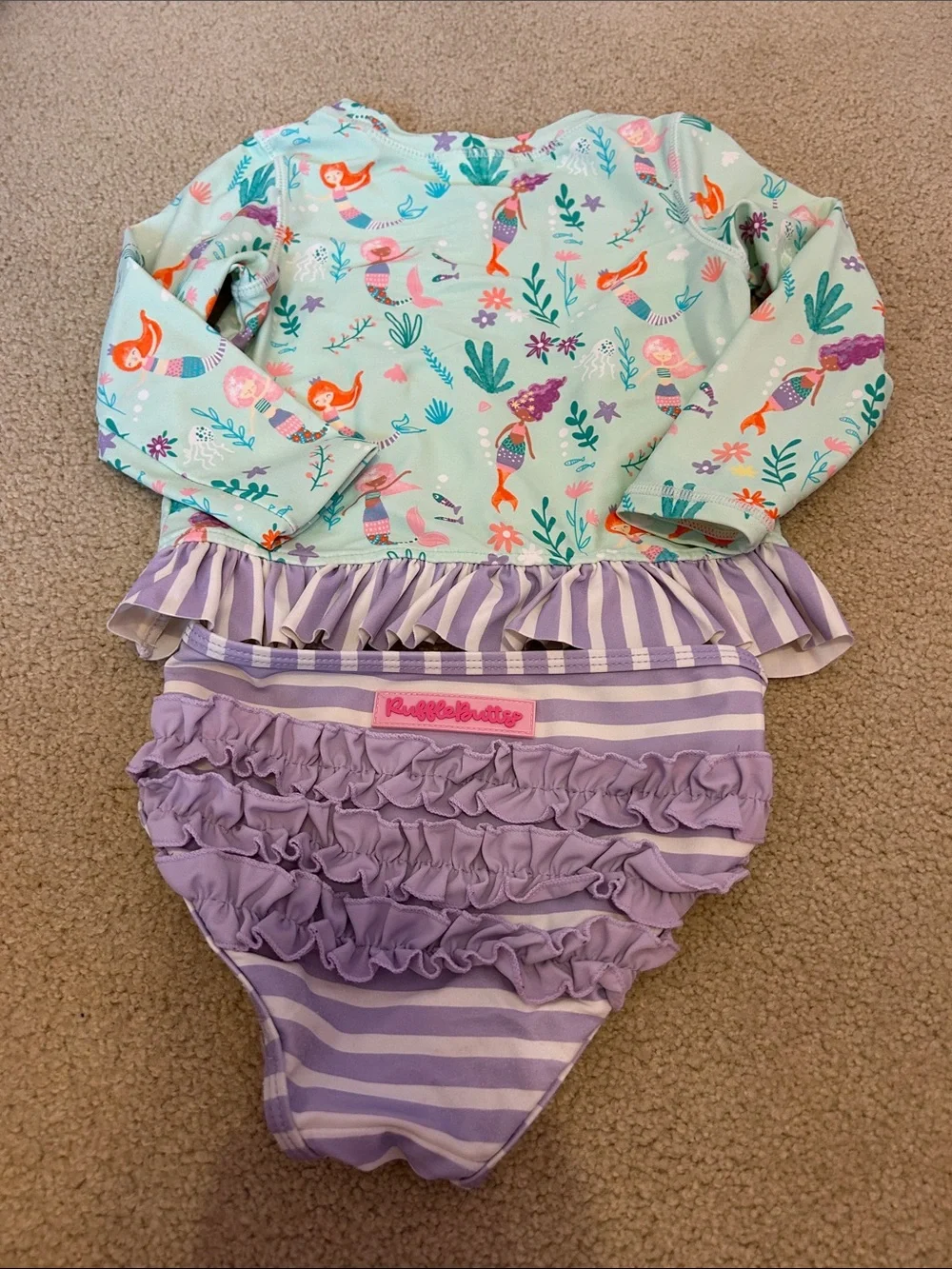 Ruffle Butts Mint Mermaid Rash Guard with Lavender Striped Bottoms